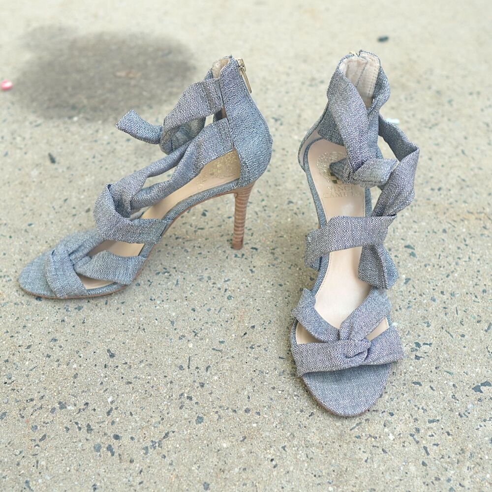 Vince Camuto Chania Grey Linen Strappy High Heel Sandals Sz 9M Ankle Tie 4"
